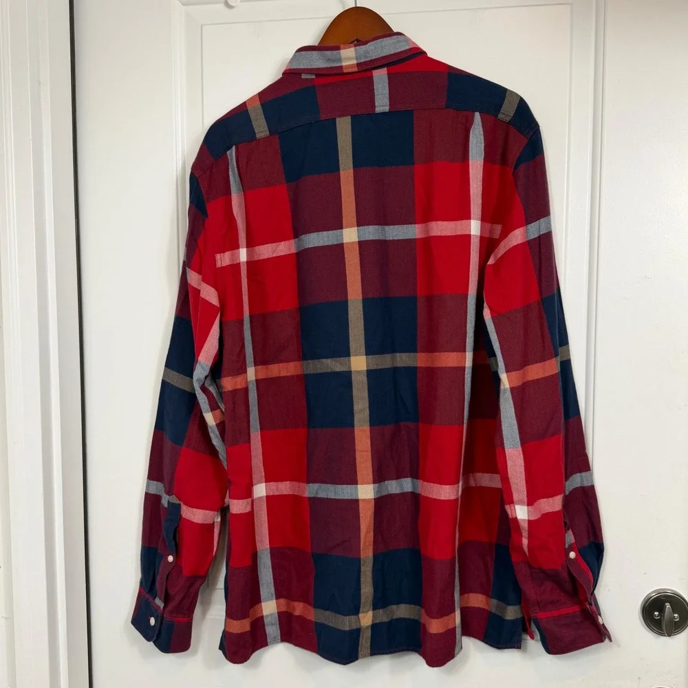 J. Crew Sportsman's Outfitter Men XL Red Navy Plaid Herringbone Popover Shirt